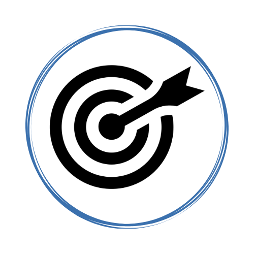 black & white icon of a bullseye target, an arrow in the center